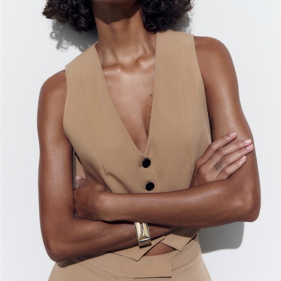 Zara NWT tan camel vest waistcoat with black button front - Picture 7 of 9